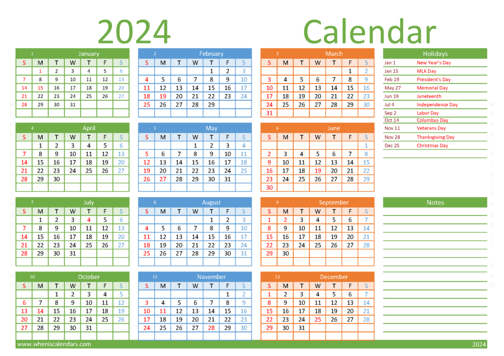 Download free Calendar printable A4 Horizontal (24Y013)