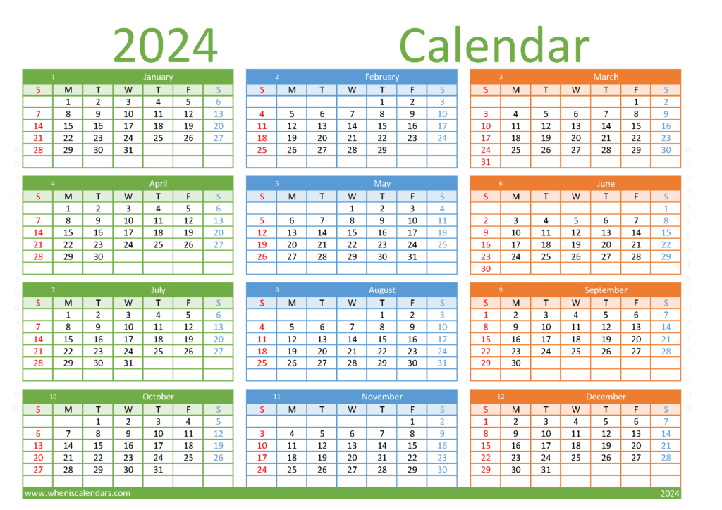 Download 2024 printable Calendar free A4 Horizontal (24Y101)