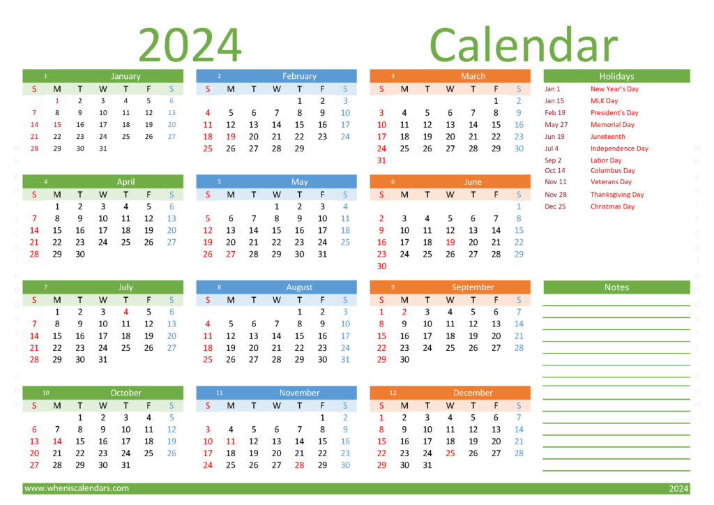 Download printable monthly Calendar 2024 A4 Horizontal (24Y014)