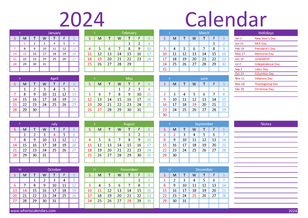 Download free Calendar template 2024 A4 Horizontal (24Y017)