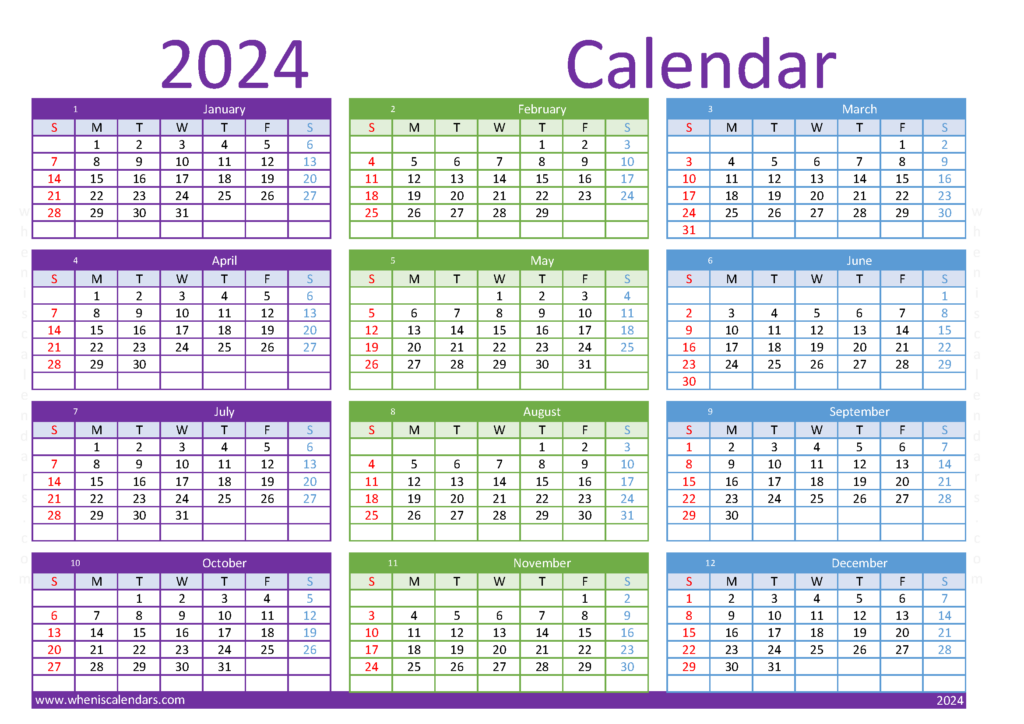 Download free printable yearly Calendar 2024 A4 Horizontal (24Y105)