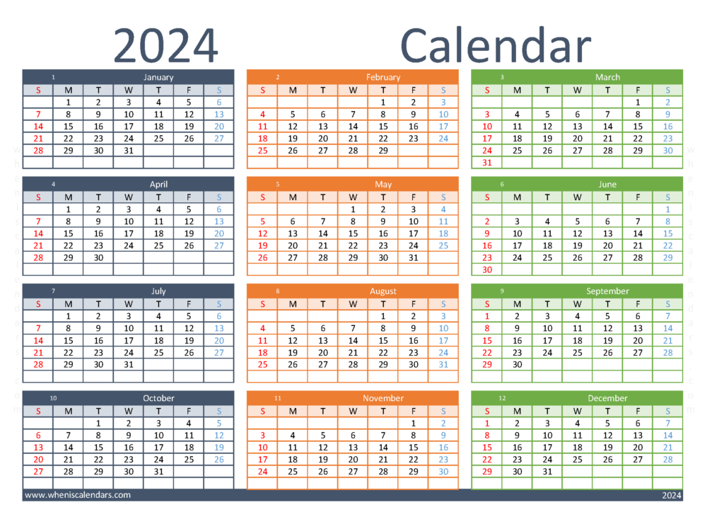 Download Calendar 2024 to print A4 Horizontal (24Y109)