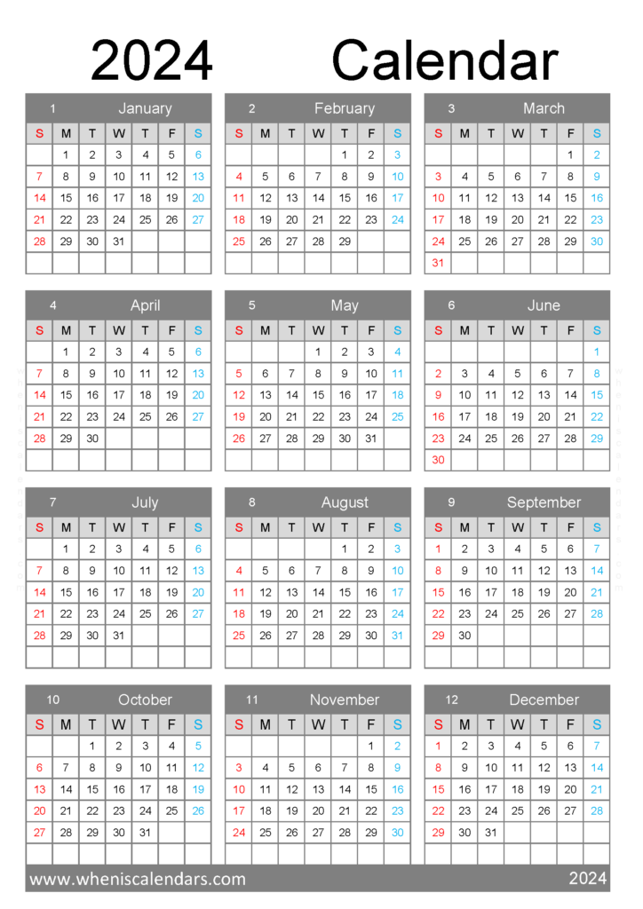 Download 2024 free Calendar template A4 Vertical (24Y111)