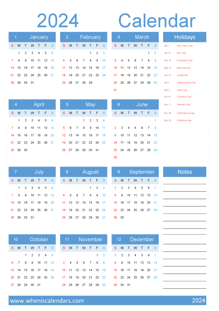 Download Calendar printable 2024 A4 Vertical (24Y026)