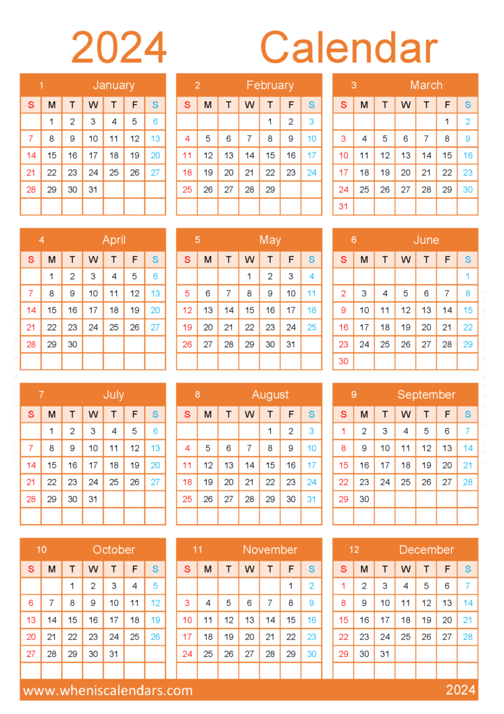 Download 2024 free printable Calendar with holidays A4 Vertical (24Y117)