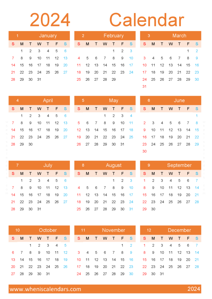 Download 2024 printable Calendar with holidays A4 Vertical (24Y118)