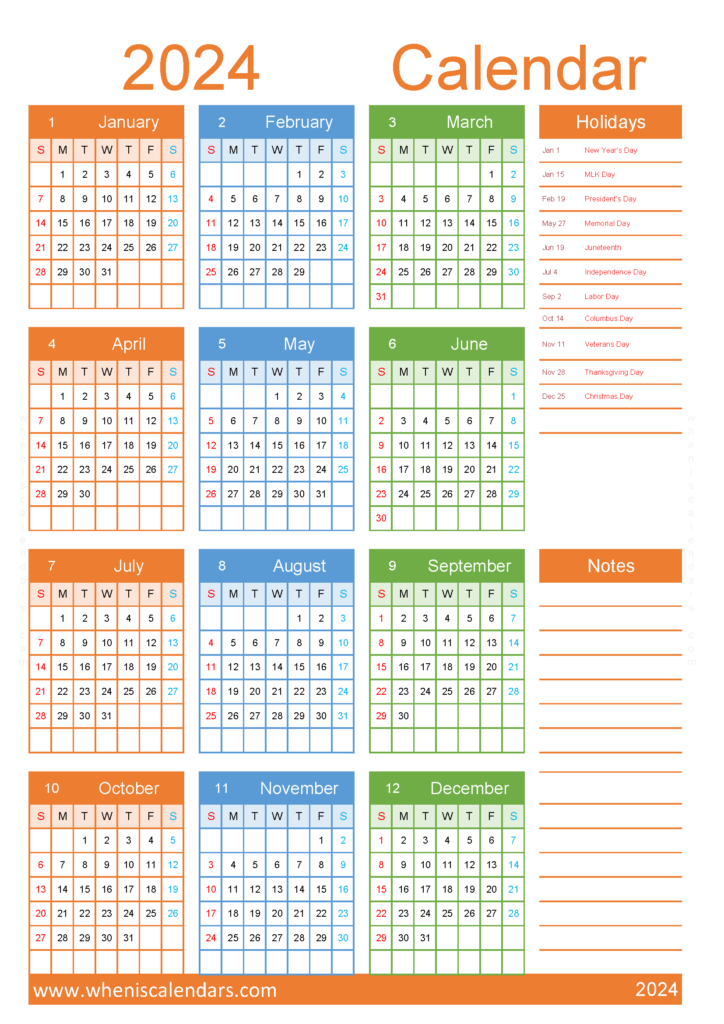 Download free printable 2024 Calendar with holidays A4 Vertical (24Y031)
