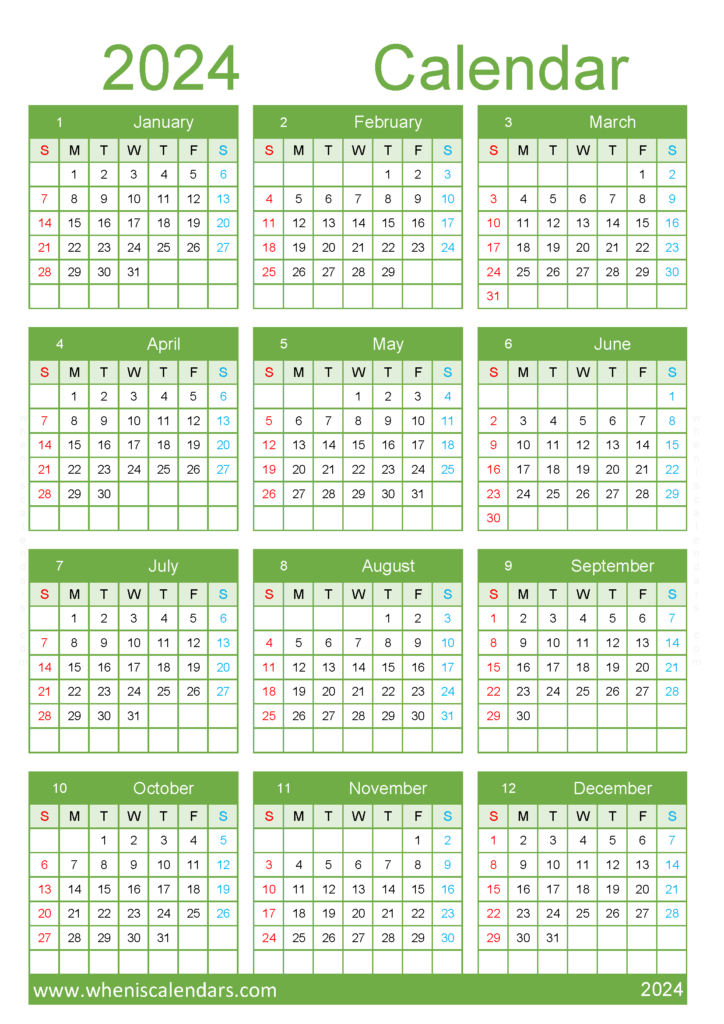 Download blank 2024 Calendar template A4 Vertical (24Y121)