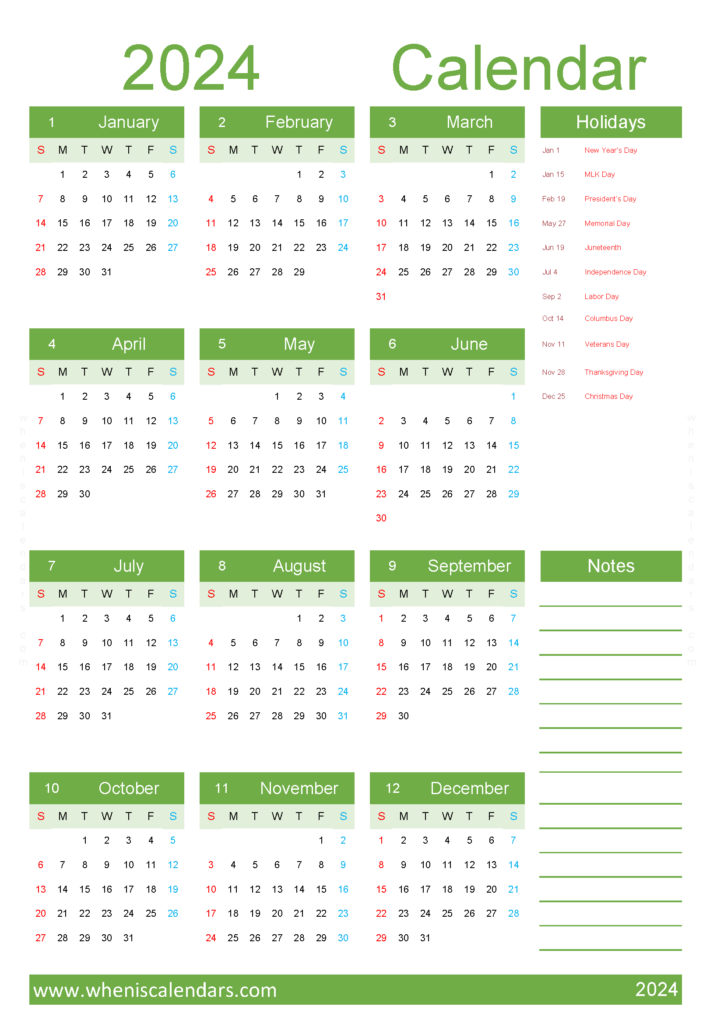 Download 2024 Calendar free printable A4 Vertical (24Y034)