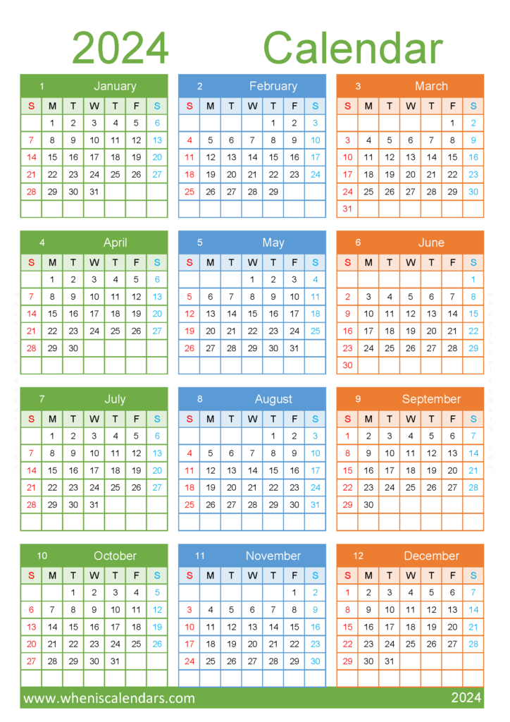Download 2024 printable Calendar months A4 Vertical (24Y123)