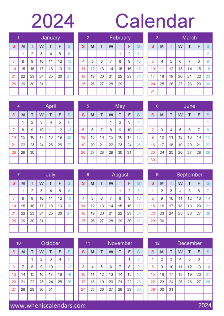 Download monthly Calendar 2024 pdf A4 Vertical (24Y125)