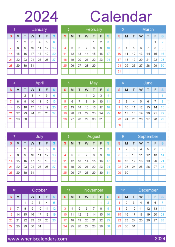 Download 2024 Calendar free printable one page A4 Vertical (24Y127)