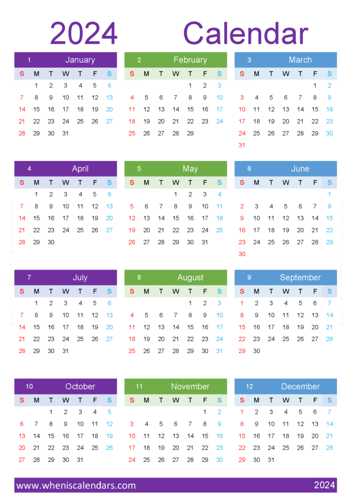 Download 2024 monthly Calendar printable pdf A4 Vertical (24Y128)