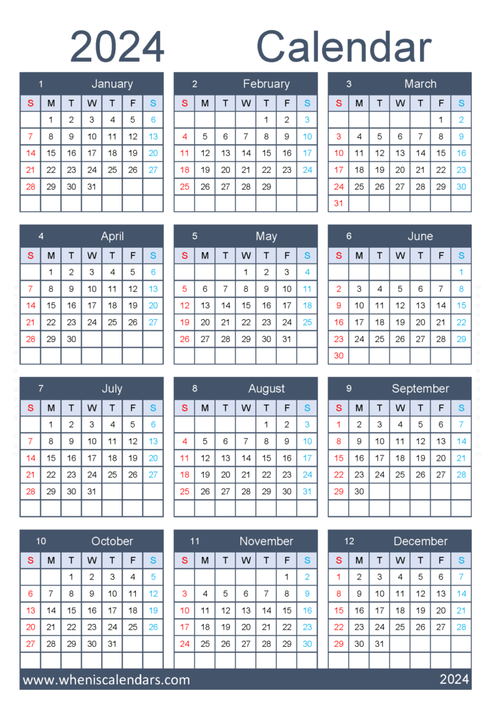 Download free Calendar 2024 printable A4 Vertical (24Y129)
