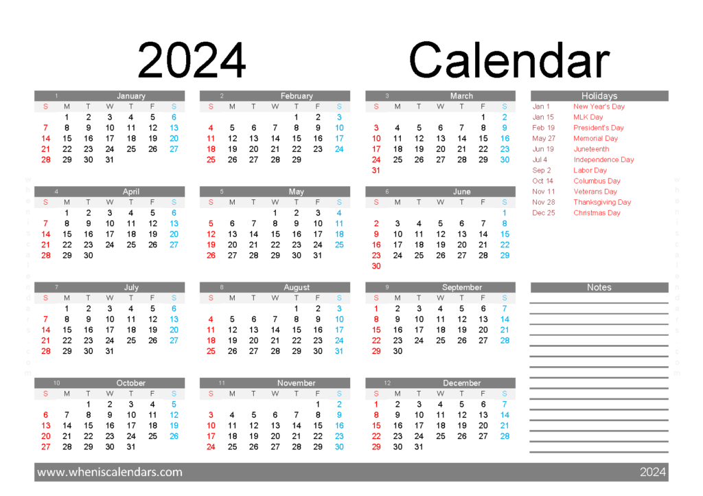 Download 2024 blank Calendar A5 Horizontal (24Y046)