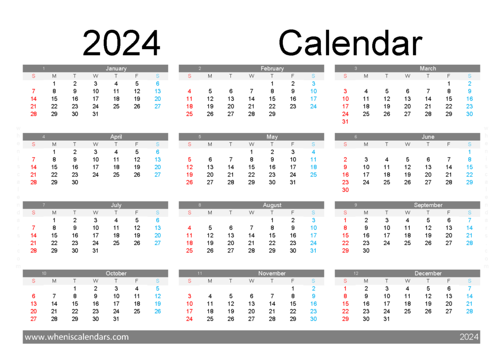 Download free 2024 monthly Calendar A5 Horizontal (24Y134)