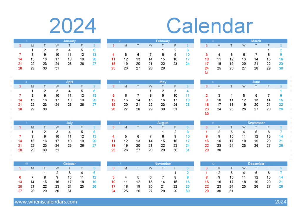 Download free print Calendar 2024 A5 Horizontal (24Y136)