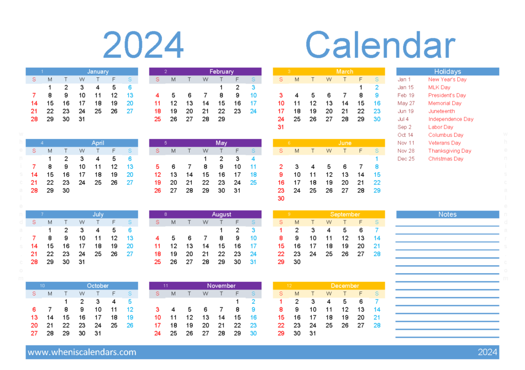Download editable 2024 Calendar A5 Horizontal (24Y050)