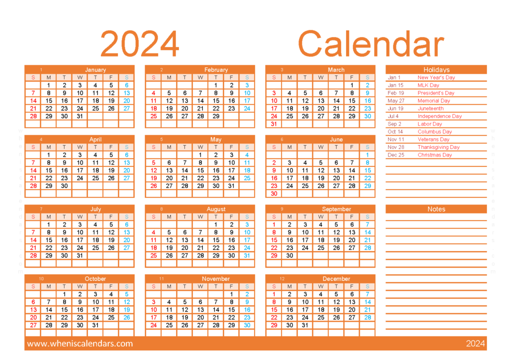 Download monthly Calendar 2024 printable A5 Horizontal (24Y051)