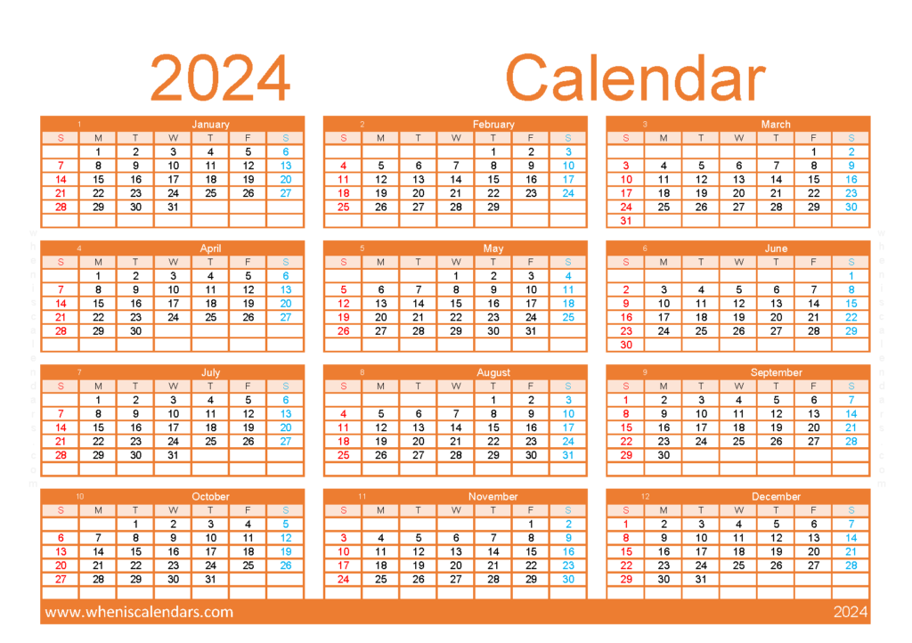 Download free blank Calendar template 2024 A5 Horizontal (24Y139)