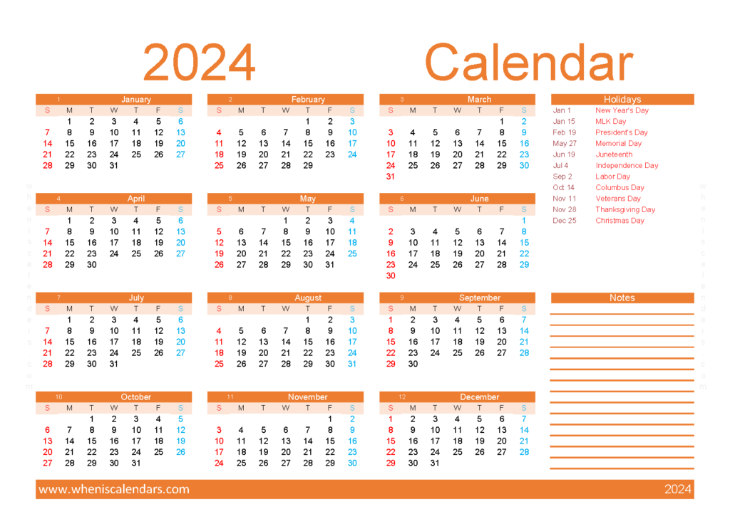 Download year planner 2024 printable A5 Horizontal (24Y052)