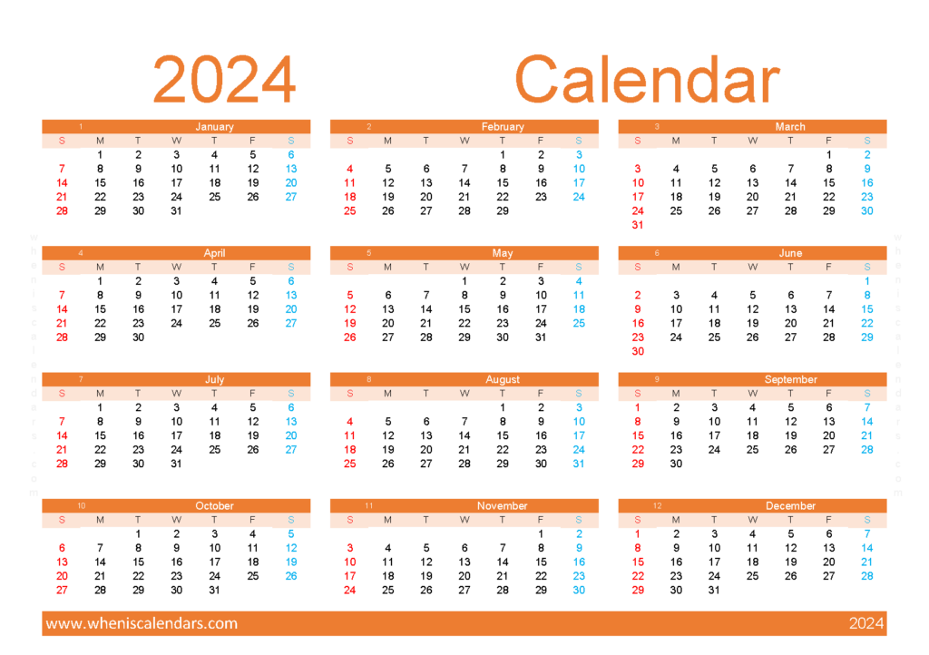 Download Calendar 2024 printing A5 Horizontal (24Y140)
