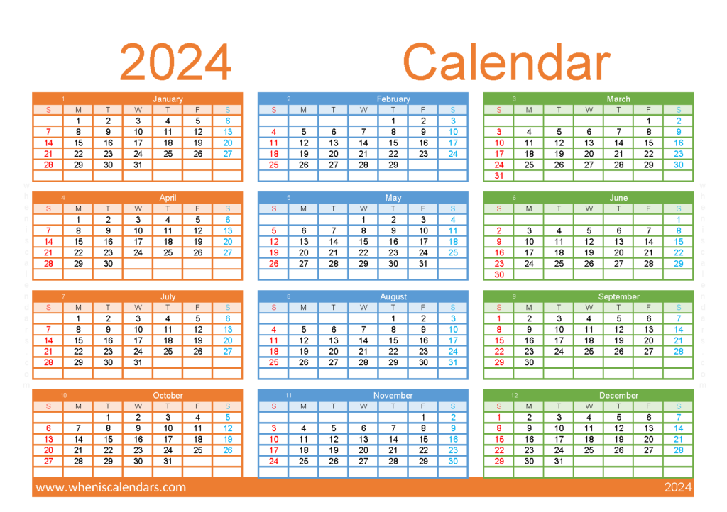 Download free 2024 Calendar with holidays printable A5 Horizontal (24Y141)