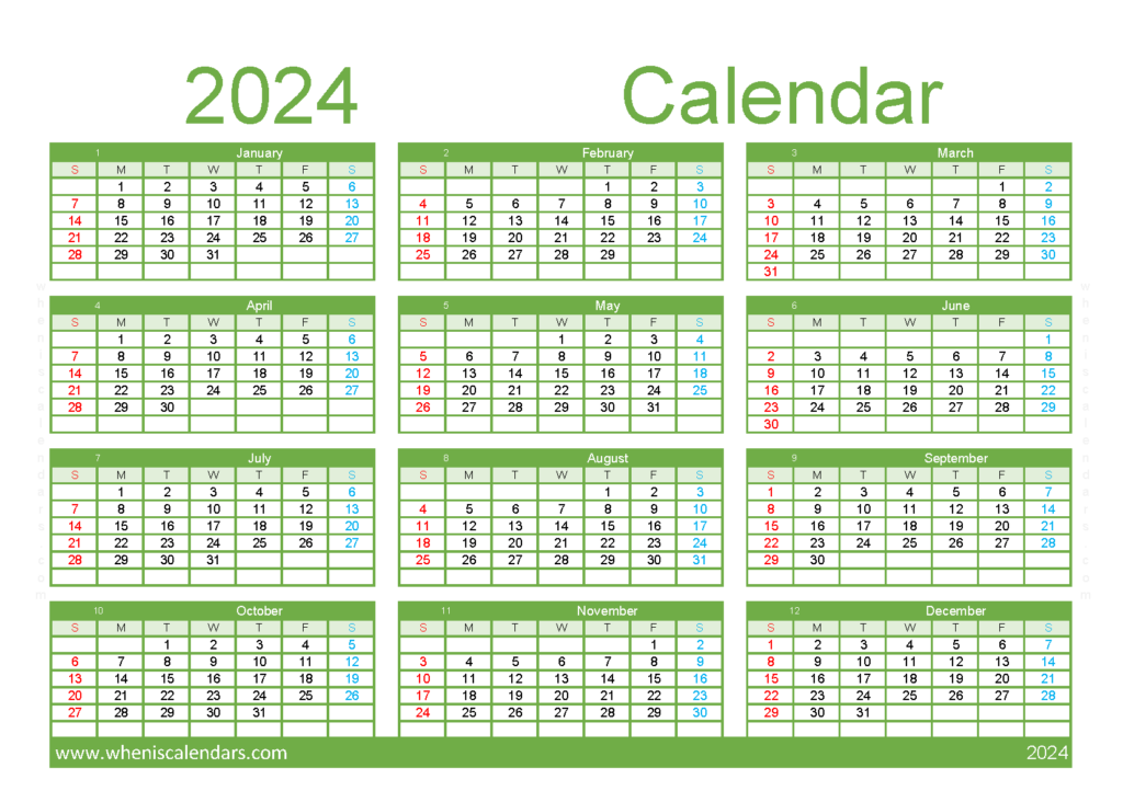 Download 2024 blank Calendar template A5 Horizontal (24Y143)