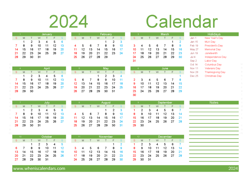Download Calendar 2024 free printable A5 Horizontal (24Y056)