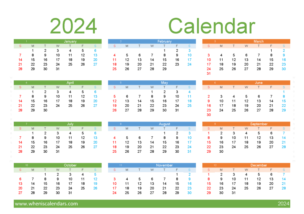 Download printable 12 month Calendar 2024 A5 Horizontal (24Y146)