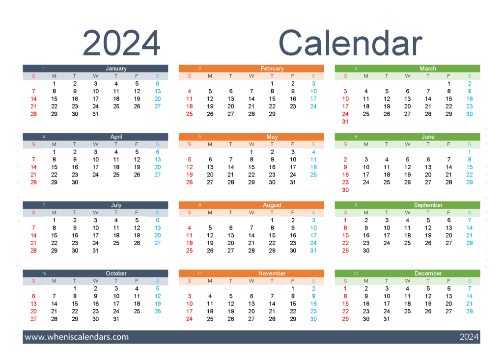Download printable 2024 yearly Calendar A5 Horizontal (24Y150)