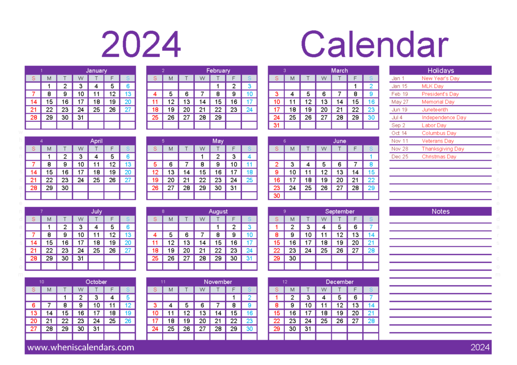 Download print 2024 Calendar A5 Horizontal (24Y063)