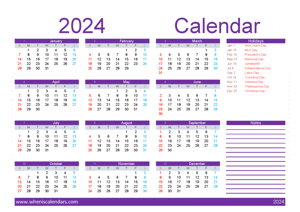 Download Calendar 2024 printable free A5 Horizontal (24Y064)