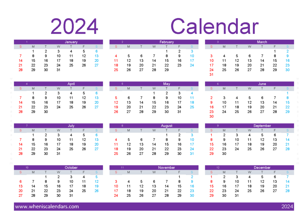 Download 2024 Calendar template pdf A5 Horizontal (24Y152)
