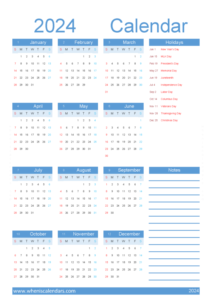 Download printable monthly Calendar 2024 with holidays A5 Vertical (24Y070)