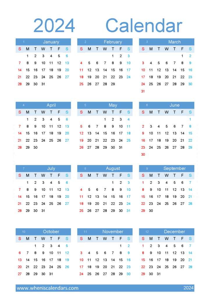 Download 2024 Calendar template free A5 Vertical (24Y158)