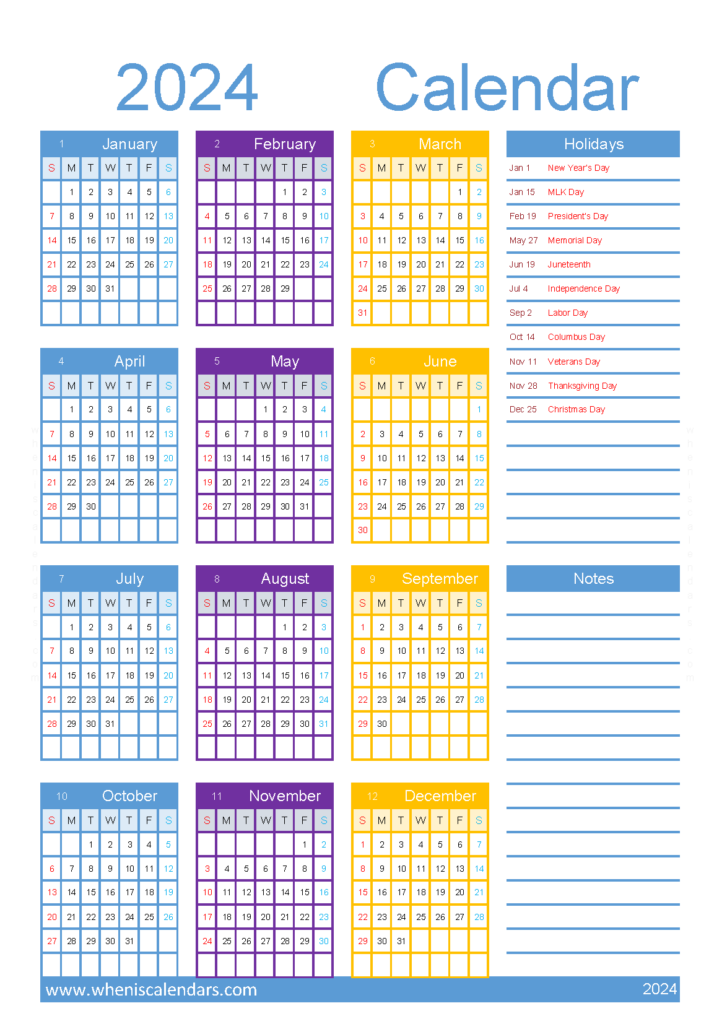 Download printable yearly Calendar 2024 A5 Vertical (24Y071)