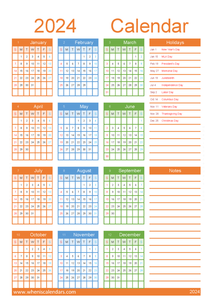 Download 2024 printable Calendar one page with holidays A5 Vertical (24Y075)