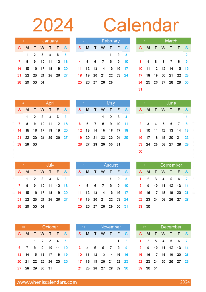 Download 2024 mini Calendar printable A5 Vertical (24Y164)