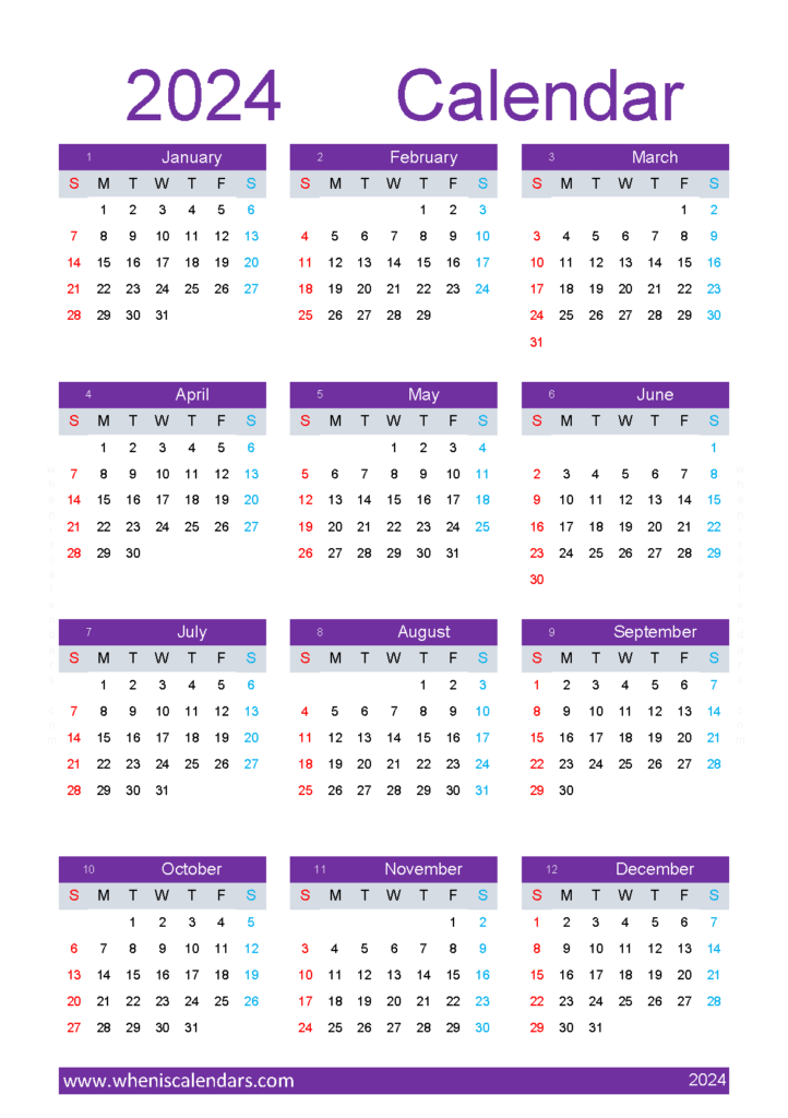 Download 2024 free printable monthly Calendar A5 Vertical (24Y174)