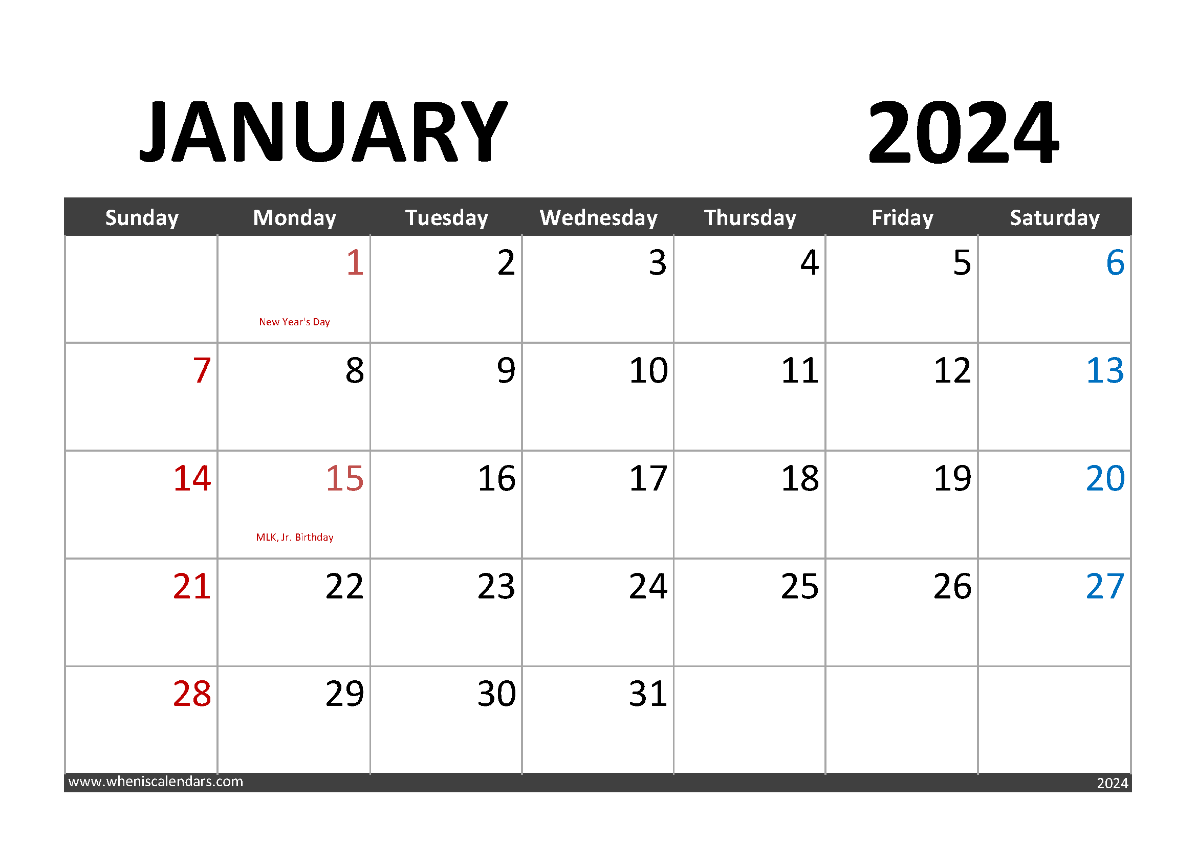 Download Printable January 2024 Calendar with Holidays A4 Horizontal J4001