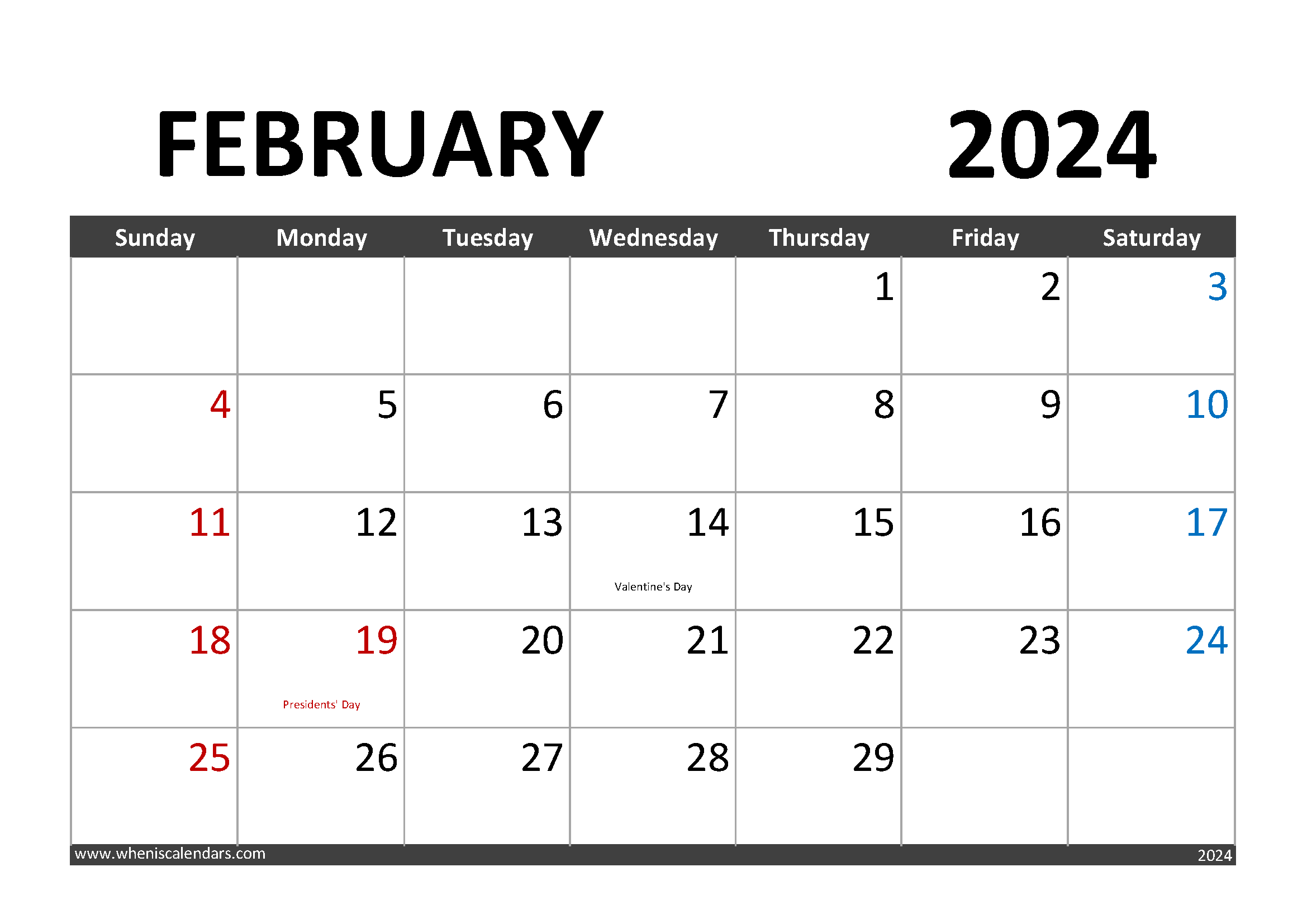 Download Printable February 2024 Calendar with Holidays A4 Horizontal 24001