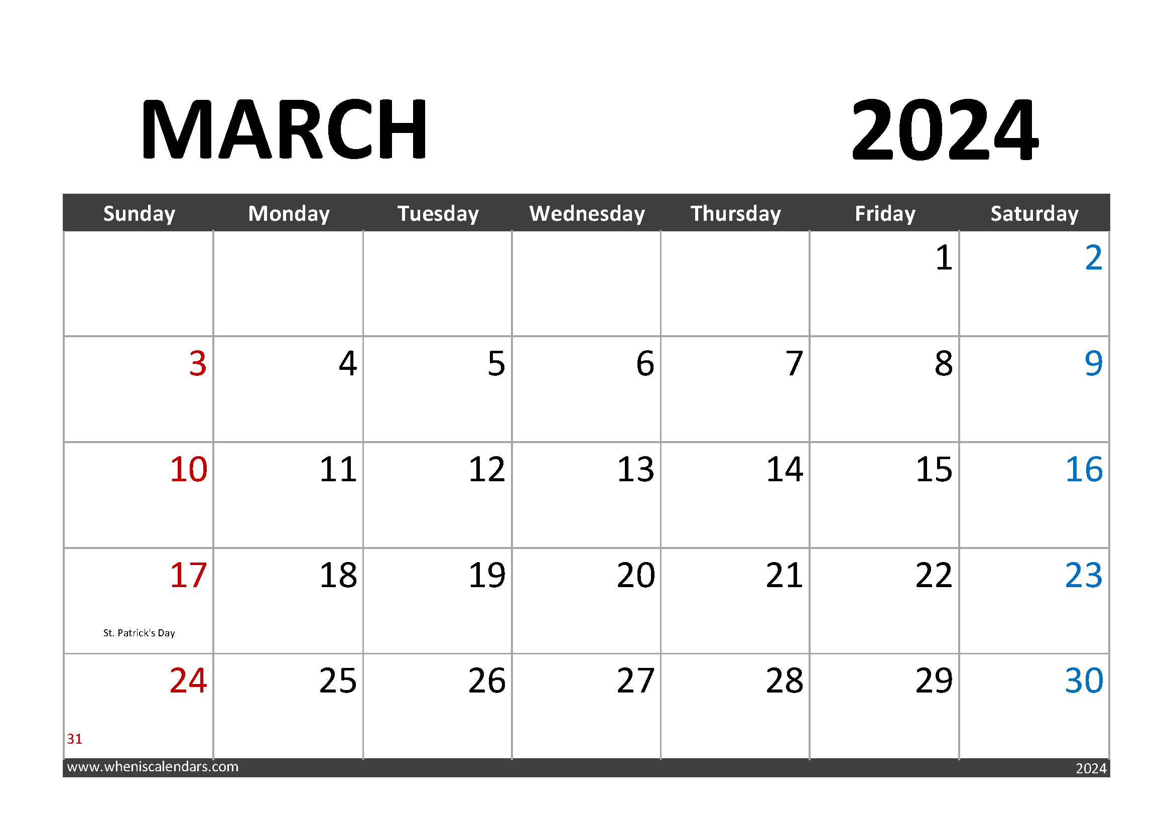 Download Printable March 2024 Calendar with Holidays A4 Horizontal 34001