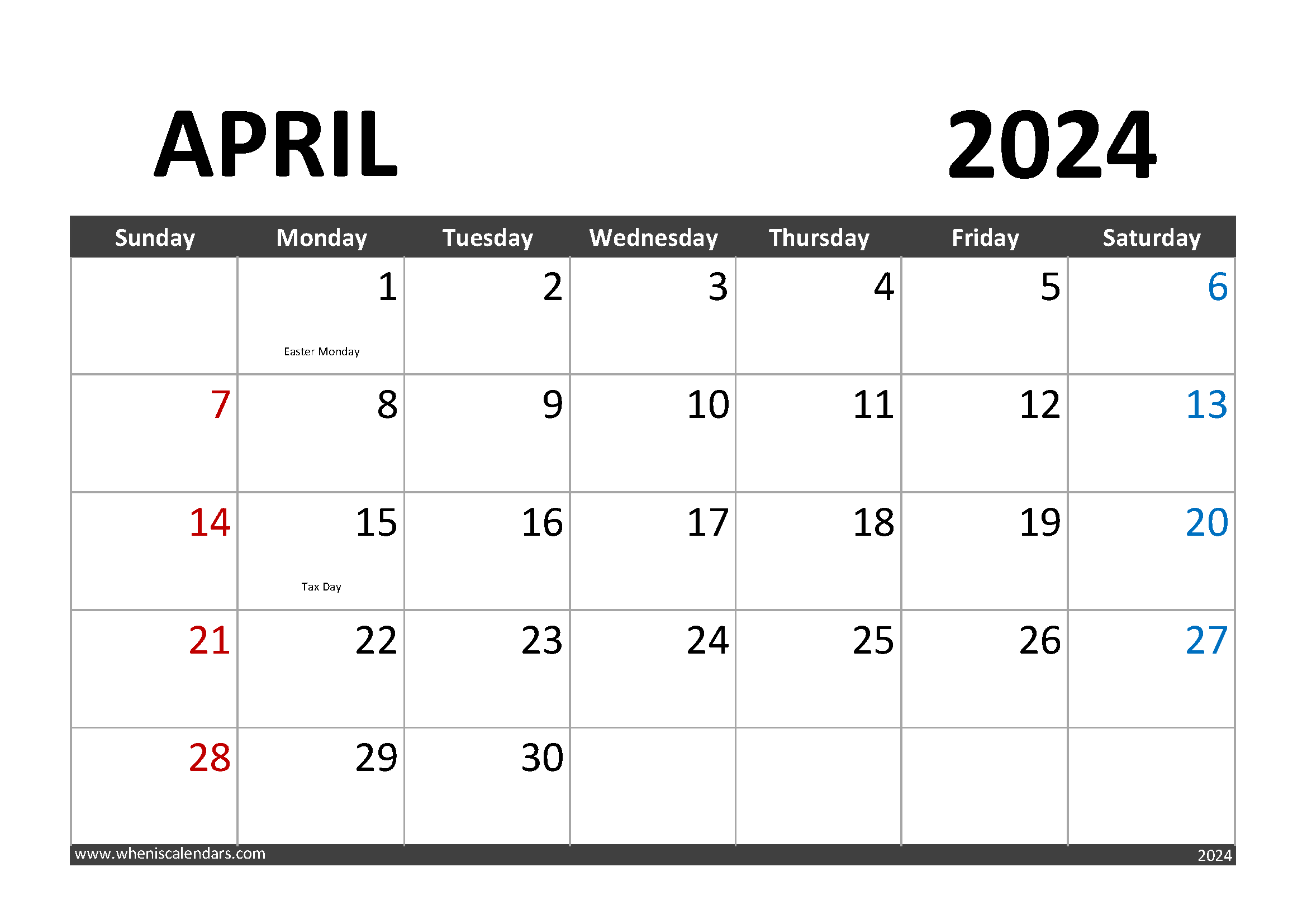 Download Printable April 2024 Calendar with Holidays A4 Horizontal 44001