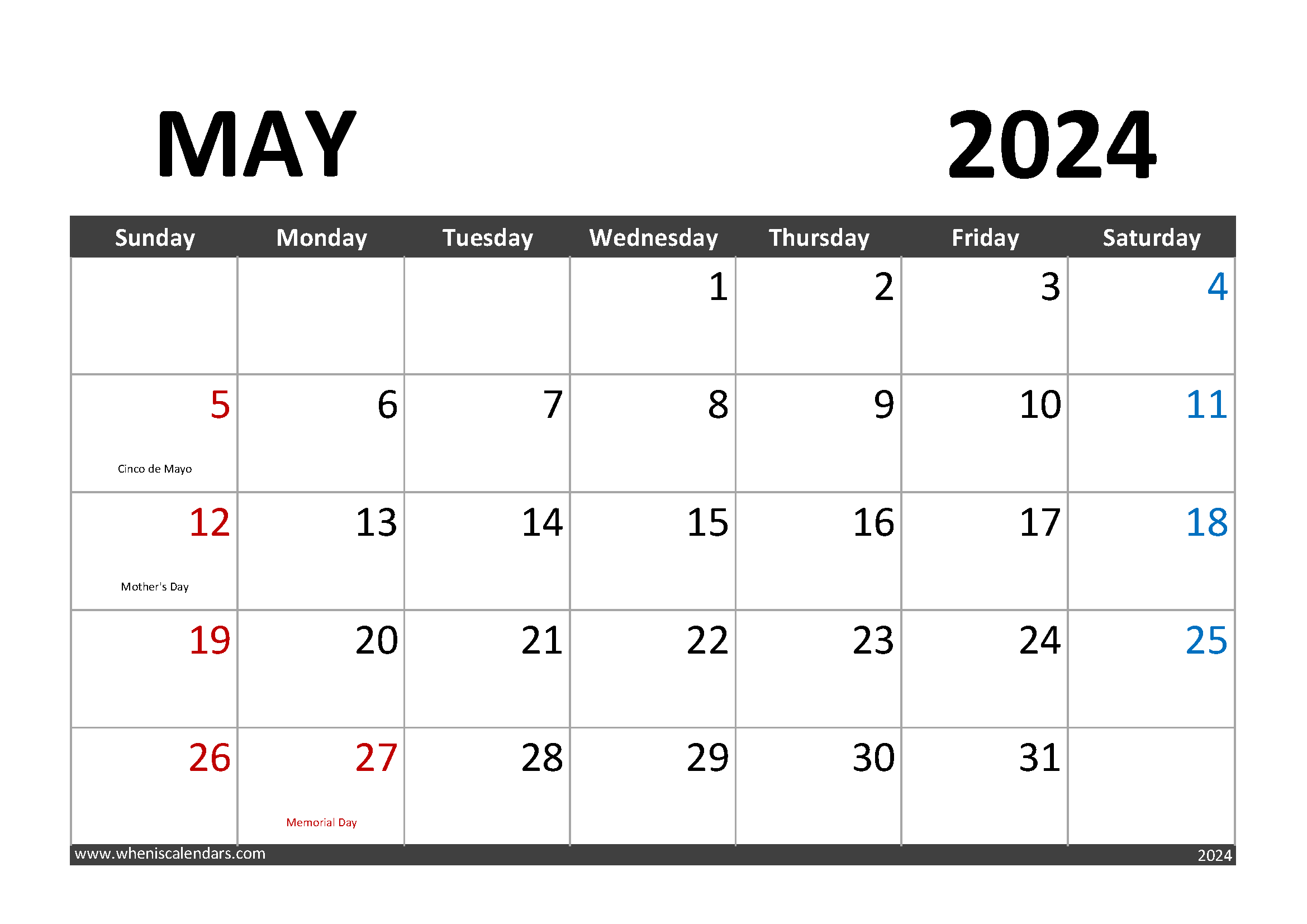 cute May 2024 Printable Calendar M5281