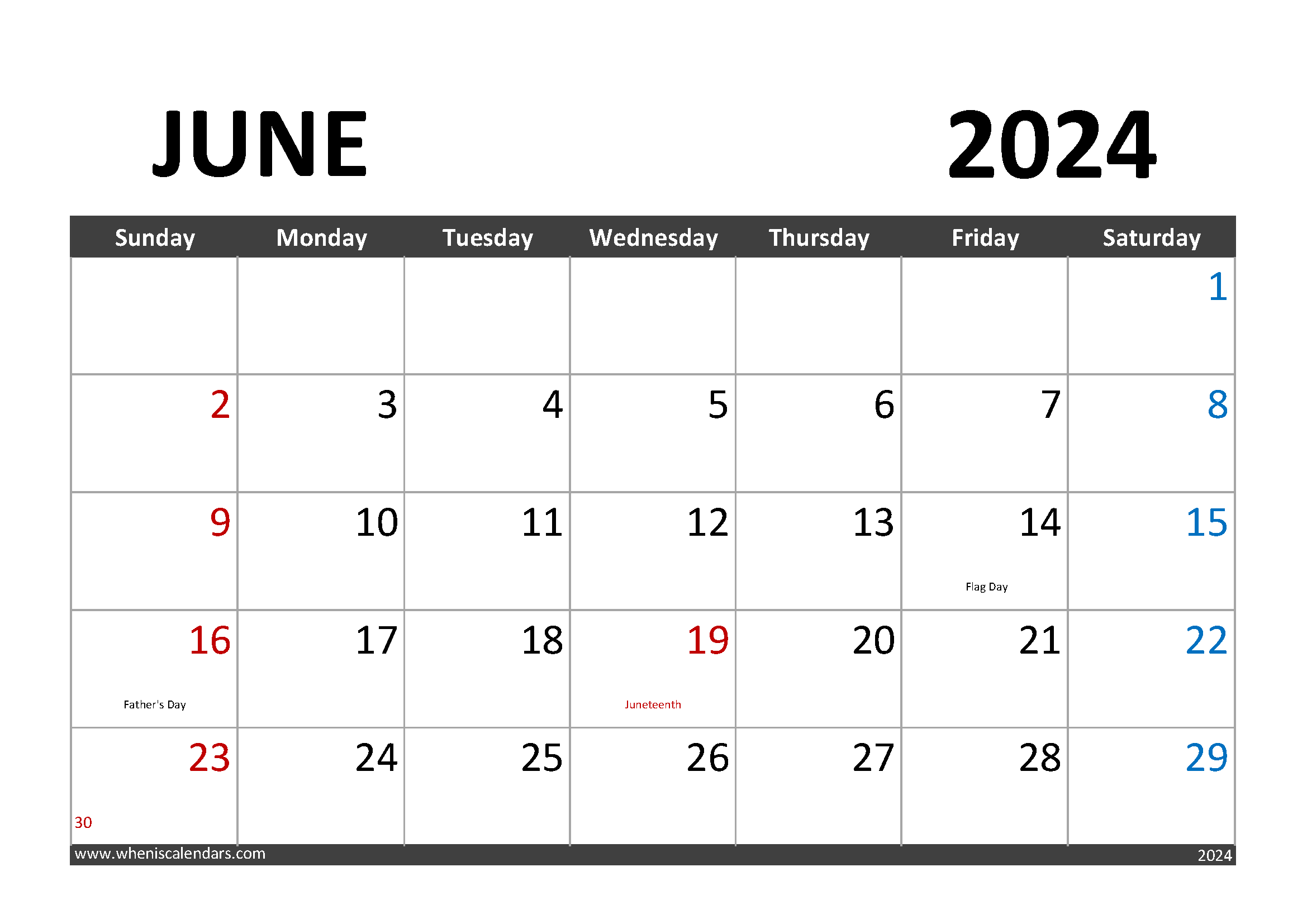 Download Printable June 2024 Calendar with Holidays A4 Horizontal 64001