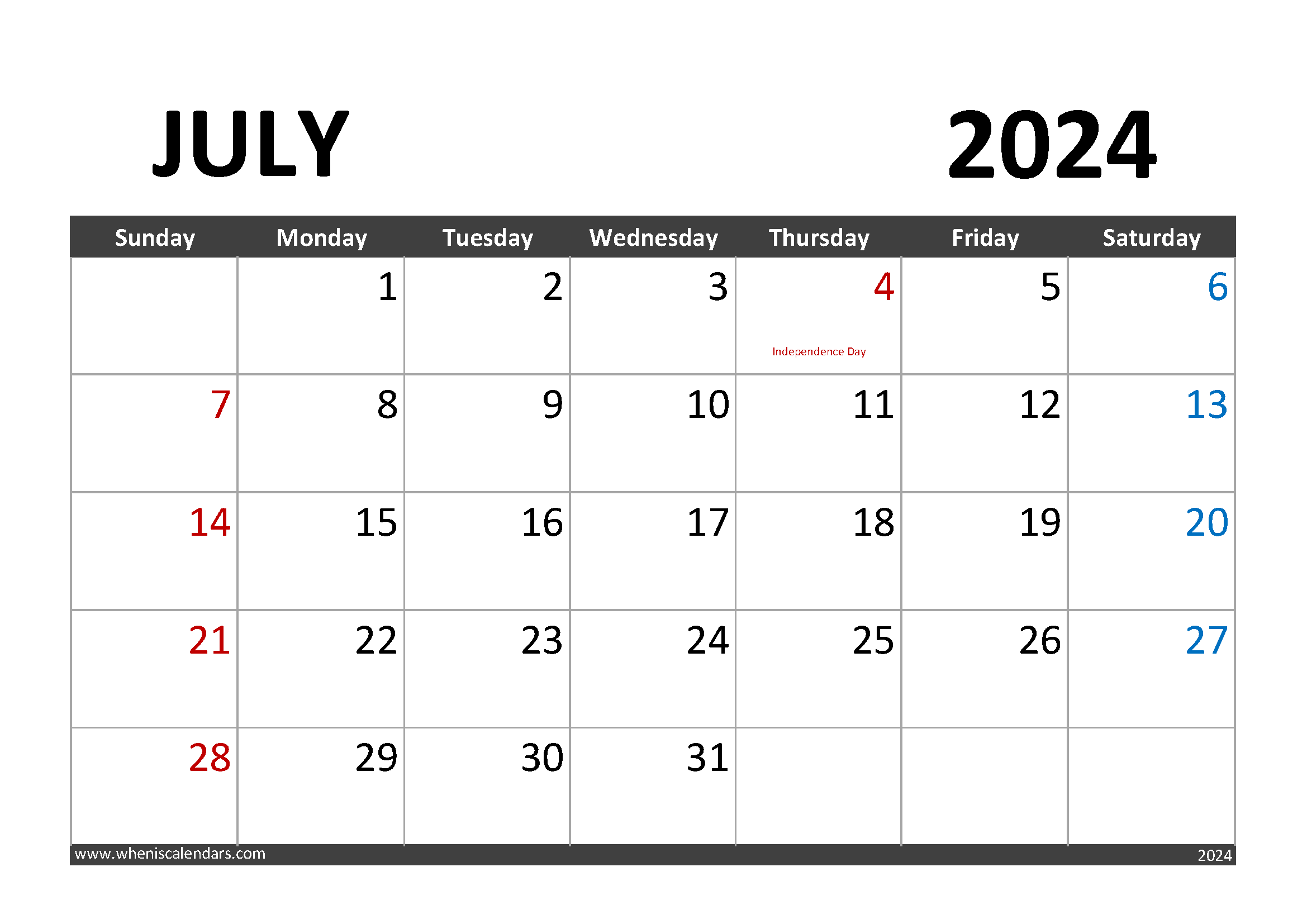 Download Printable July 2024 Calendar with Holidays A4 Horizontal 74001