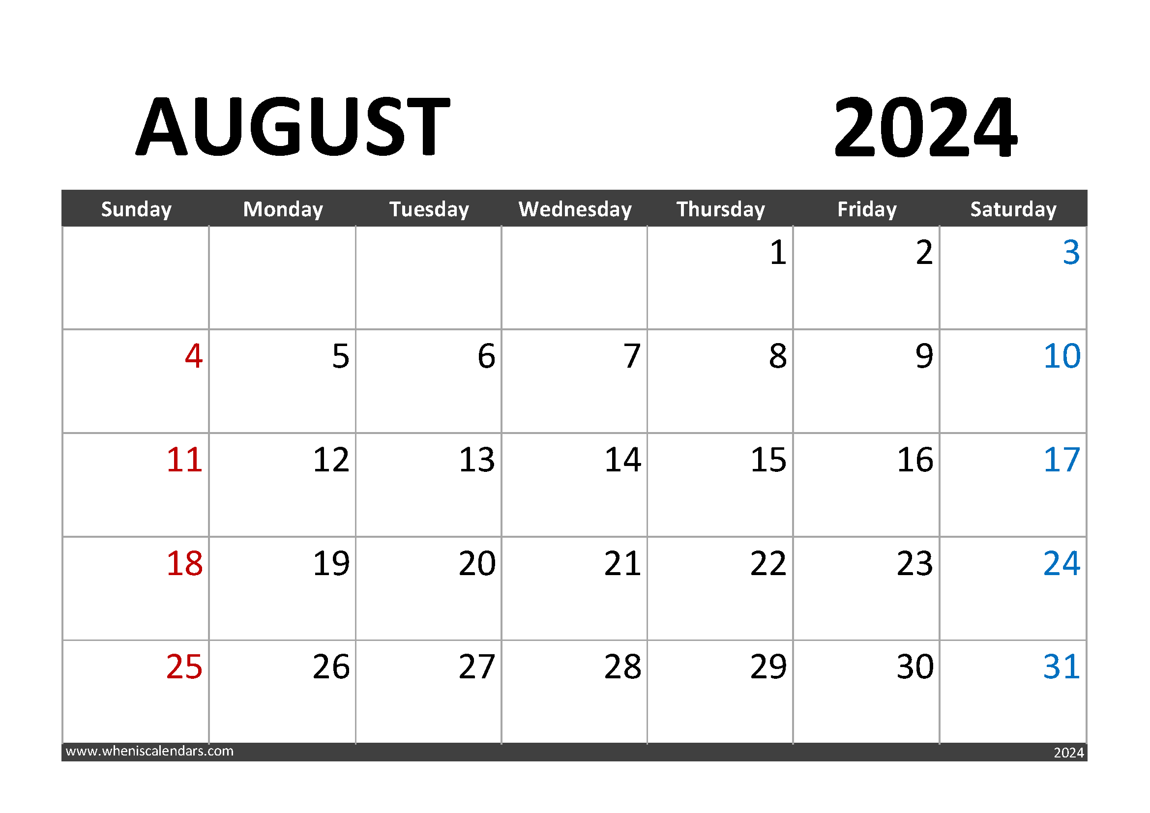 Download Printable August 2024 Calendar with Holidays A4 Horizontal 84001