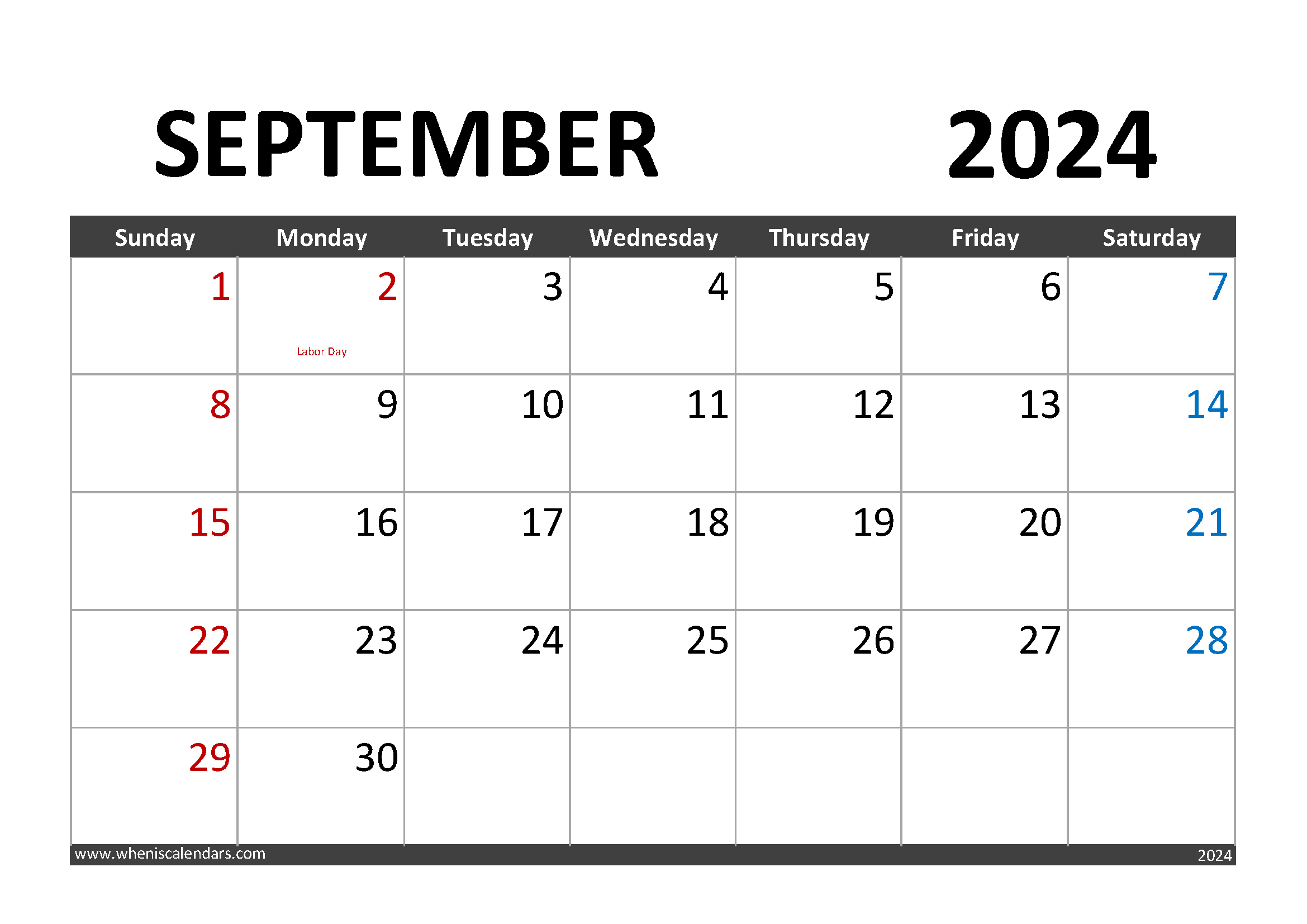 Download Printable September 2024 Calendar with Holidays A4 Horizontal 94001