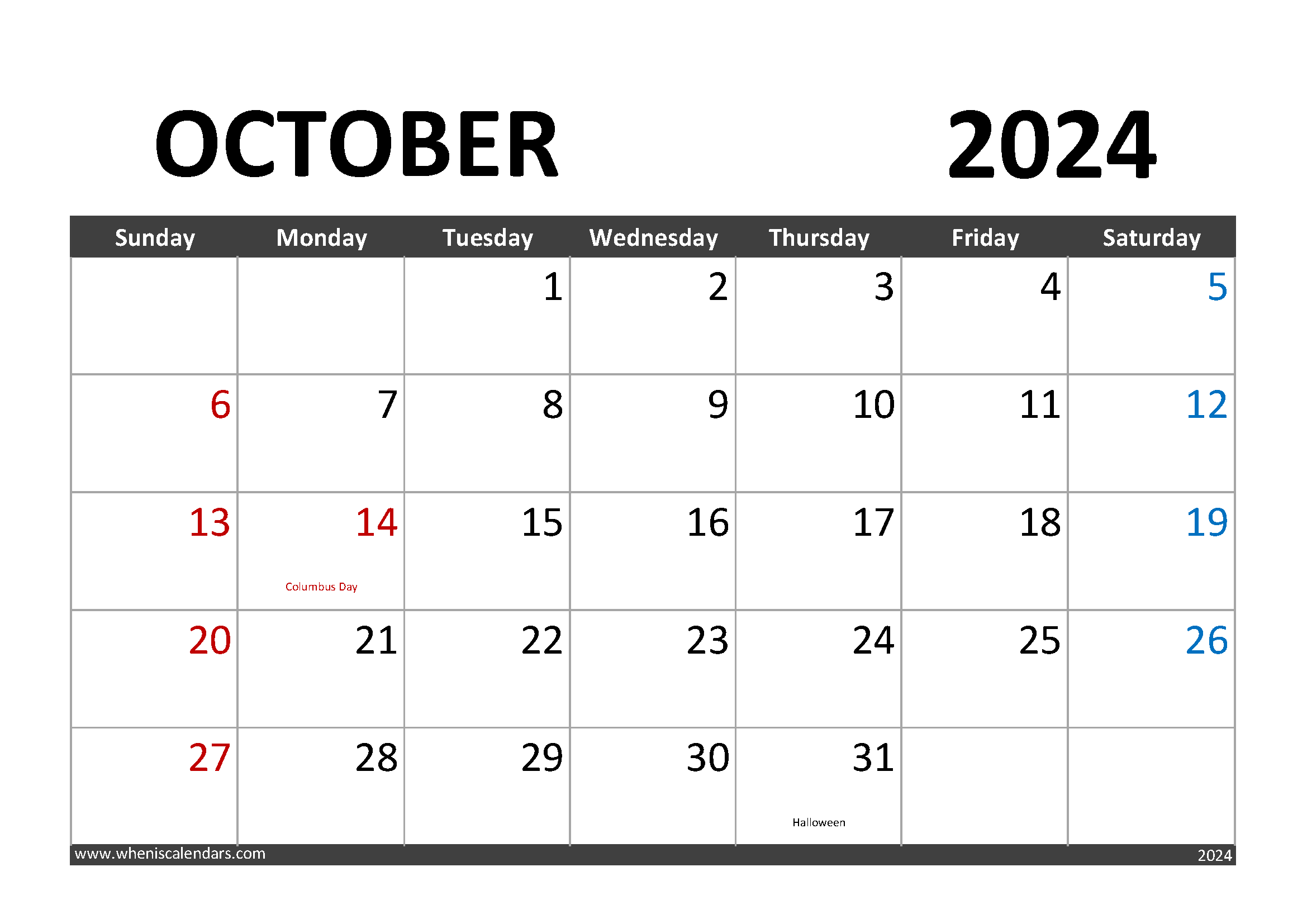 Download Printable October 2024 Calendar with Holidays A4 Horizontal 104001